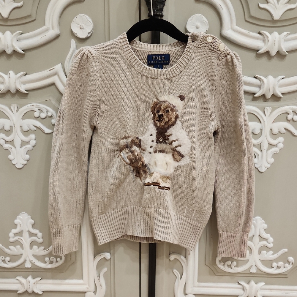 Polo by Ralph Lauren Girls Cream Knit Bear Sweater Size 6